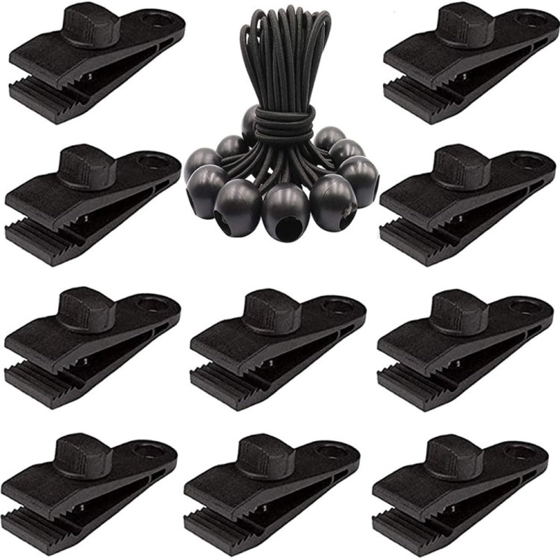 Outdoor Camping Windproof Canopy Fixed Tent Clip Rope Buckle Set (10 Clips + 10 Black Ropes)