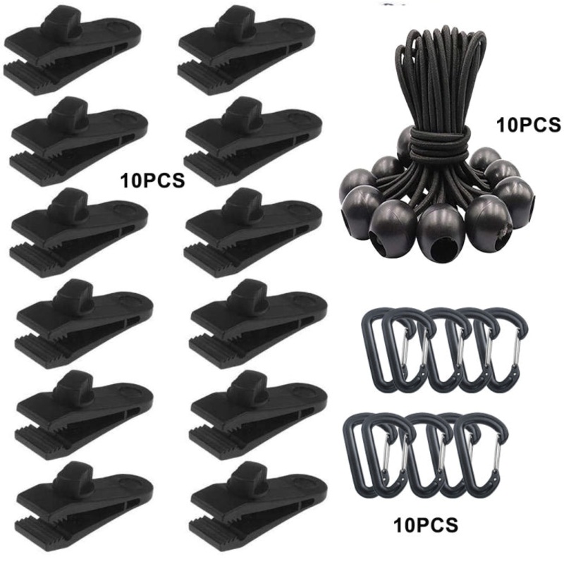 Windproof Canopy Fixed Tent Clip Rope Buckle Set 10 Clips + 10 Black Ropes + 10 Black PP Fast Hangings (Black)