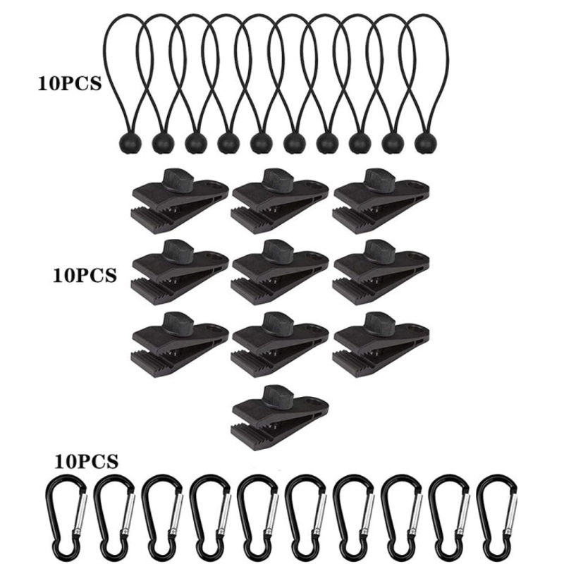 Windproof Canopy Fixed Tent Clip Rope Buckle Set 10 Clips+10 Elastic Ropes+10 Black Buckles (Black)