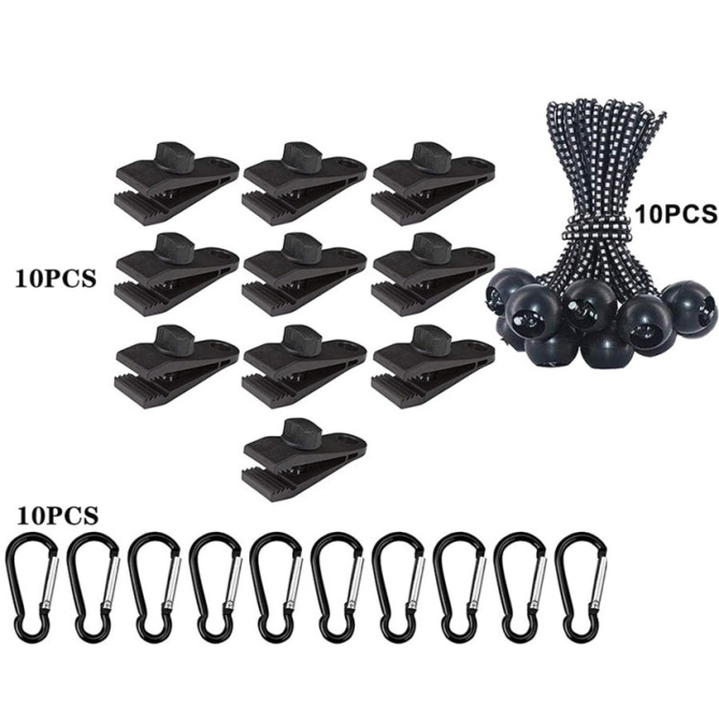 Windproof Canopy Fixed Tent Clip Rope Buckle Set 10 Clips+10 Ropes+10 Buckles (White, Black)