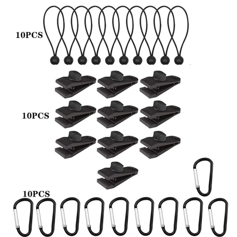 Windproof Canopy Fixed Tent Clip Rope Buckle Set 10 Clips + 10 Ropes + 10 Fast Hangings (Black)