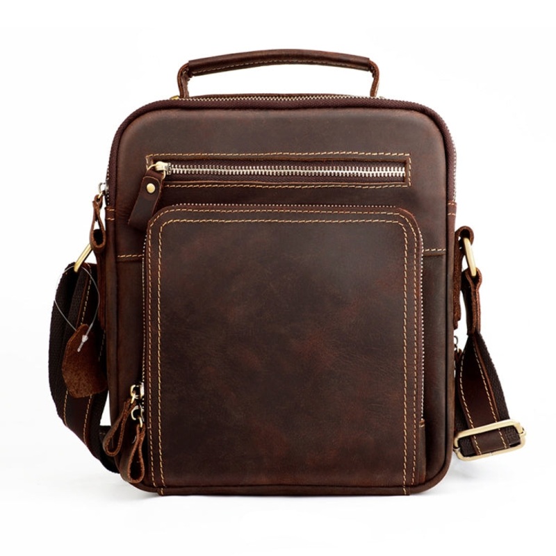 Crazy Horse Texture Genuine Leather Crossbody Bag for Men - Coffee (One Size)