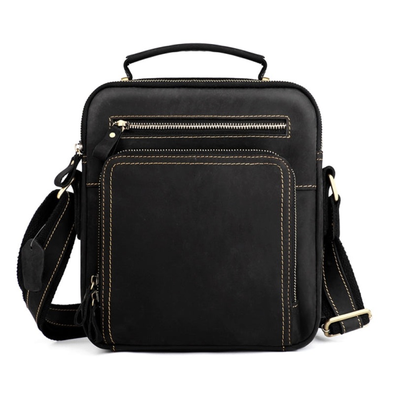 Genuine Leather Crossbody Bag for Men Crazy Horse Texture Black (One Size)
