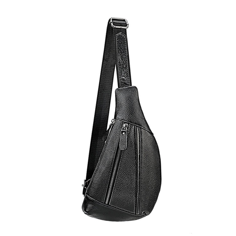 Litchi Texture Genuine Leather Crossbody Chest Bag for Men (Black)