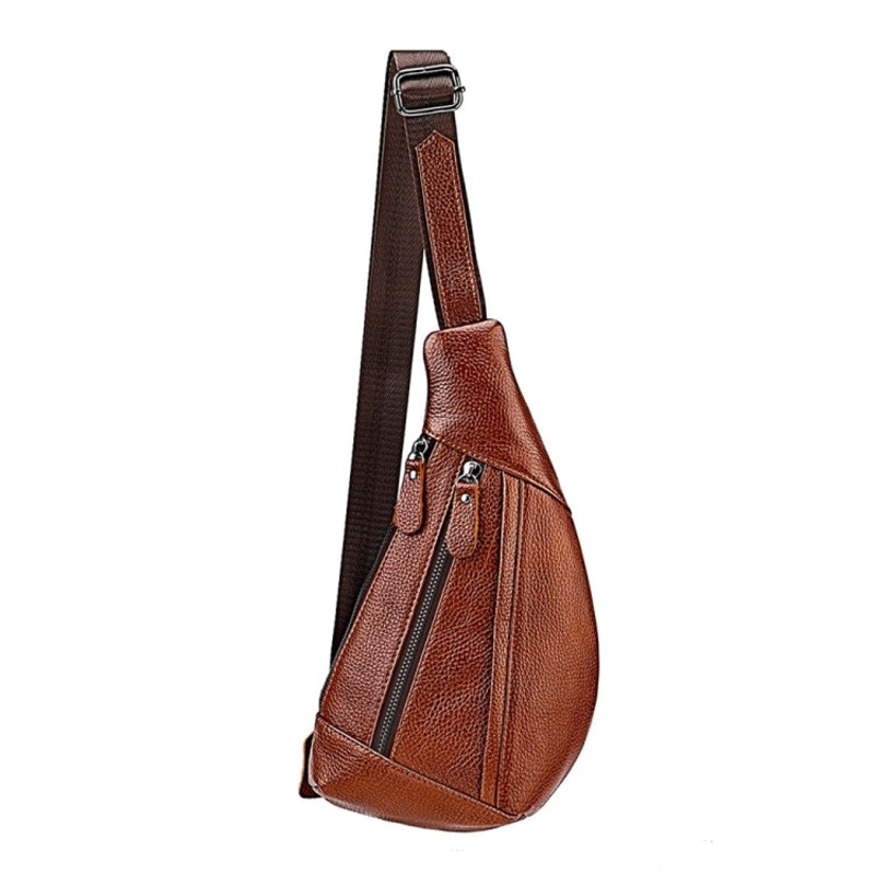 Litchi Texture Genuine Leather Crossbody Chest Bag for Men (Brown)