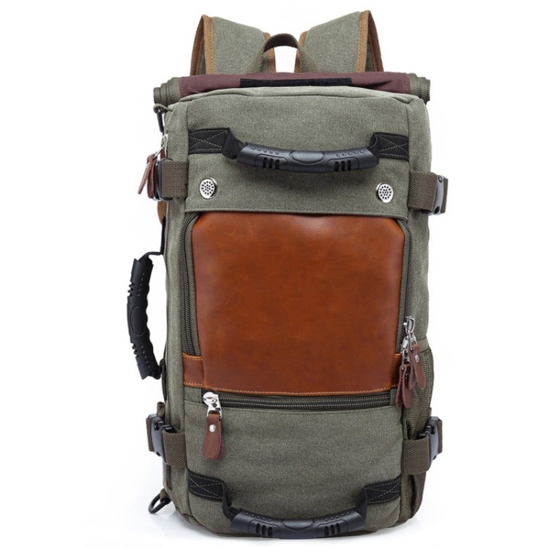 Canvas Stitched Leather Backpack (Army Green) - Men, Size: 48 x 30 x 18cm