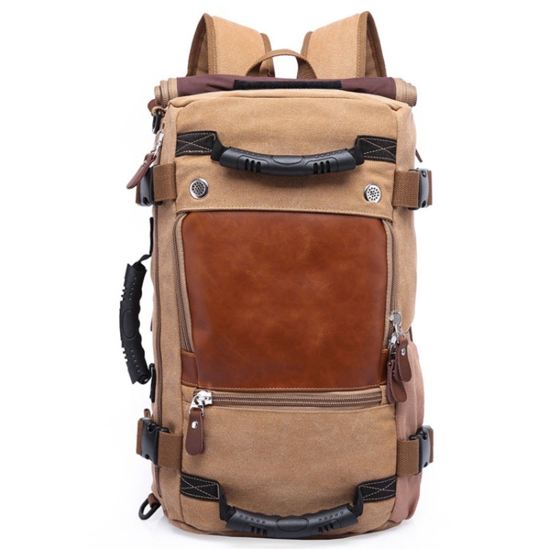 Canvas Stitched Leather Backpack Khaki (48 x 30 x 18cm)