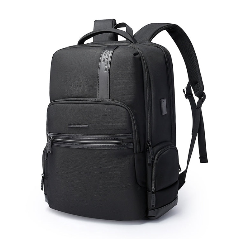 Men's Letter Leather Stitching Waterproof Backpack with USB Port (Black, 46 x 33 x 19cm)