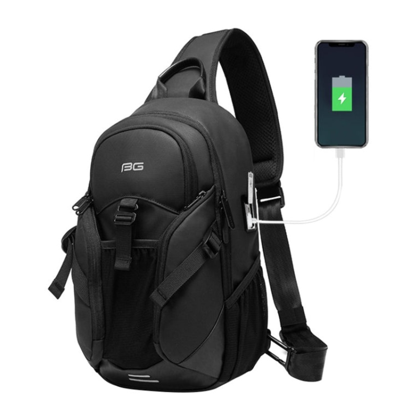 Men Waterproof Crossbody Chest Bag with USB Port (Black, 36 x 22 x 10cm)