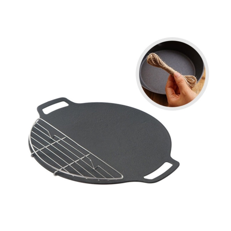 Outdoor Camping BBQ Cast Iron Grill Pan Baking Pan Net Hemp Rope (style)