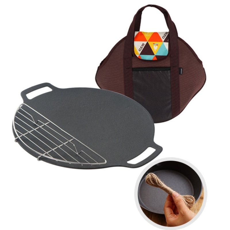 Outdoor Camping BBQ Cast Iron Grill Pan with Baking Pan, Net, Hemp Rope, and Storage Bag