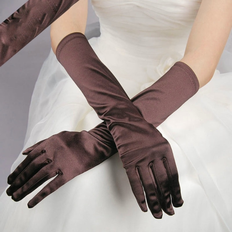 1pair Bride Gloves Satin Long Vintage Travel Sunscreen Dress Wedding Gloves(Brown)