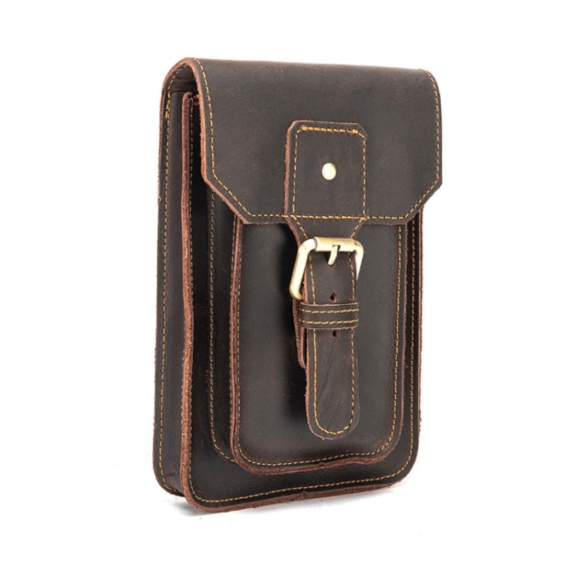 Men Retro Leather Phone Waist Bag Dark Brown (1 size)