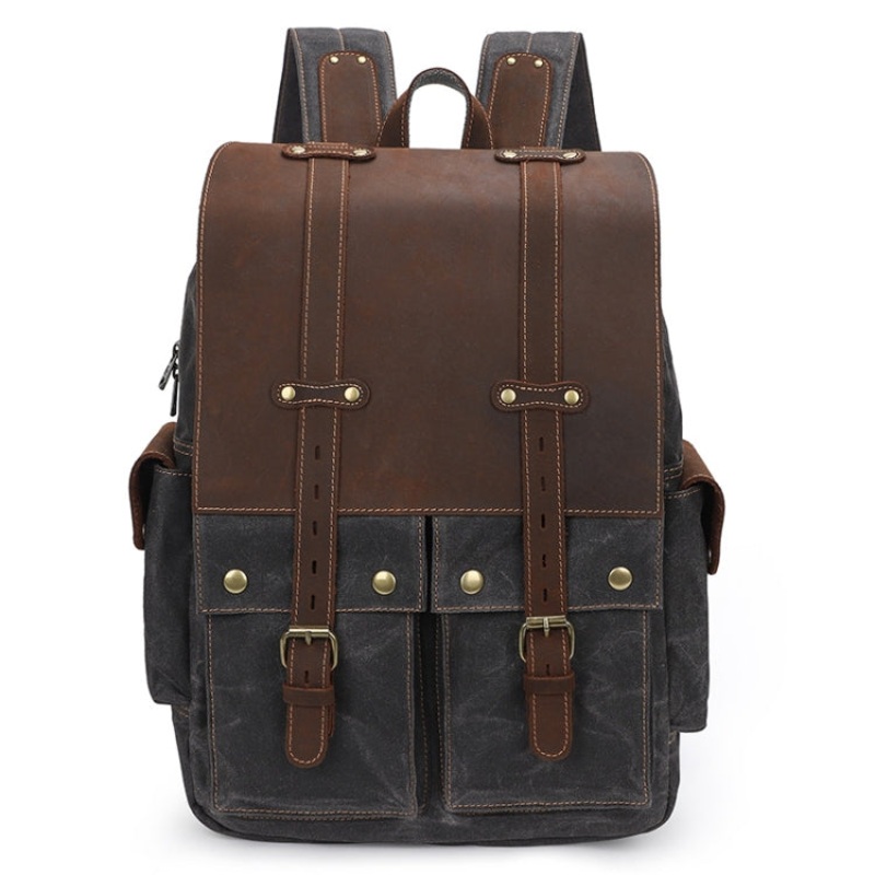 Men Canvas Large Capacity Shoulder Bag Outdoor Computer Backpack (Black Grey)