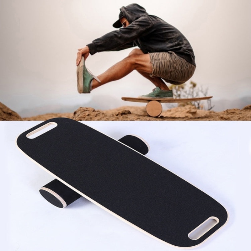 Wooden Surfing Ski Balance Board Roller Yoga Board Black Sand With Handle (Size 06B)