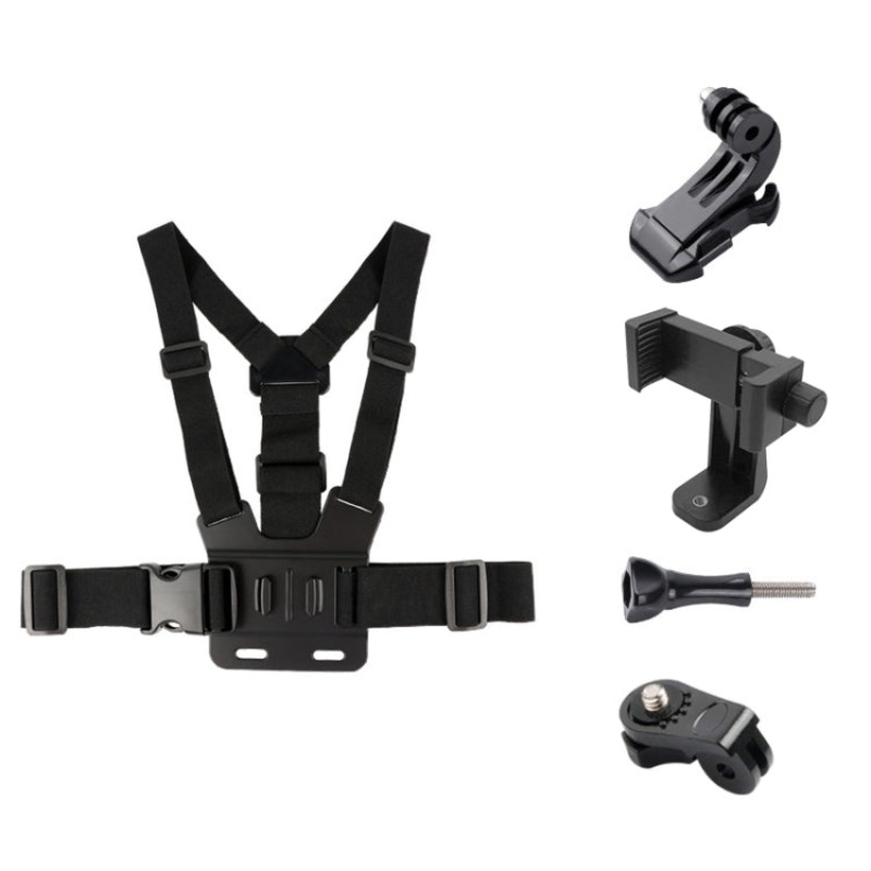Adjustable Body Mount Belt Chest Strap with Phone Clamp & S-type Adapter & J Hook Mount & Long Screw for GoPro, Insta360, DJI and Other Action Cameras, Smartphones (Black)