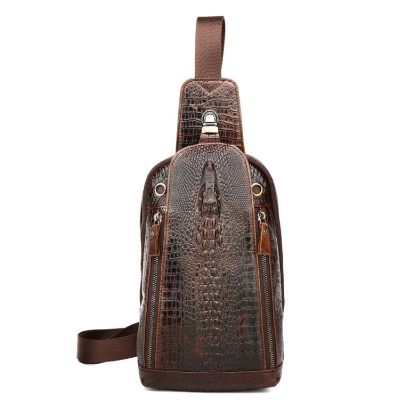 Men Fashion Cowhide Crocodile Texture One-Shoulder Crossbody Chest Bag (Crocodile Head)