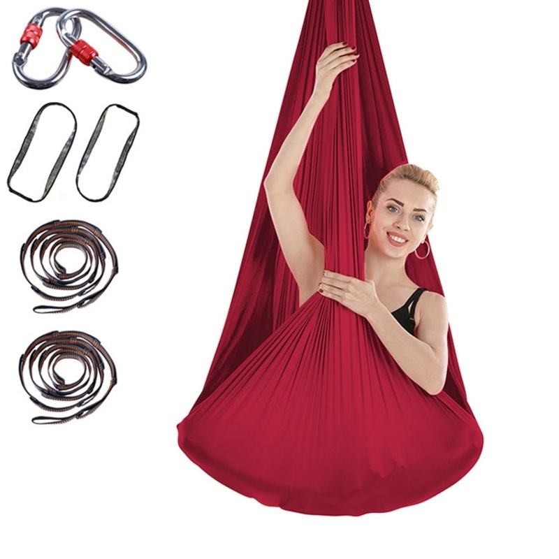 Indoor Anti-gravity Yoga Knot-free Aerial Yoga Hammock with Buckle and Extension Strap (Wine Red, 400x280cm)