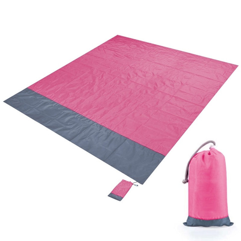 Polyester Waterproof Plaid Cloth Pocket Picnic Mat for Outdoor Camping Beach 2.1 x 2m (Pink + Gray)
