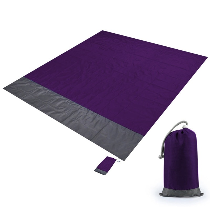 Polyester Waterproof Plaid Cloth Pocket Picnic Mat Outdoor Camping Beach Mat 2.1 x 2m Purple Dark Gray