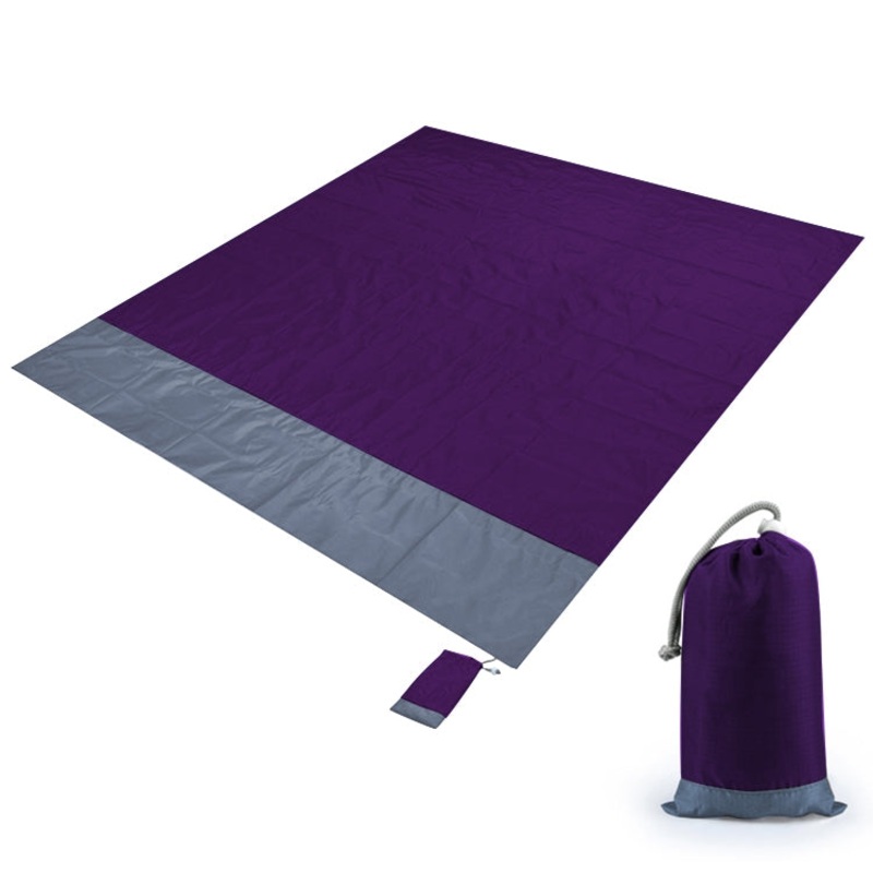 Polyester Waterproof Plaid Cloth Pocket Picnic Mat Outdoor Camping Beach Mat 2.1 x 2m Purple Gray