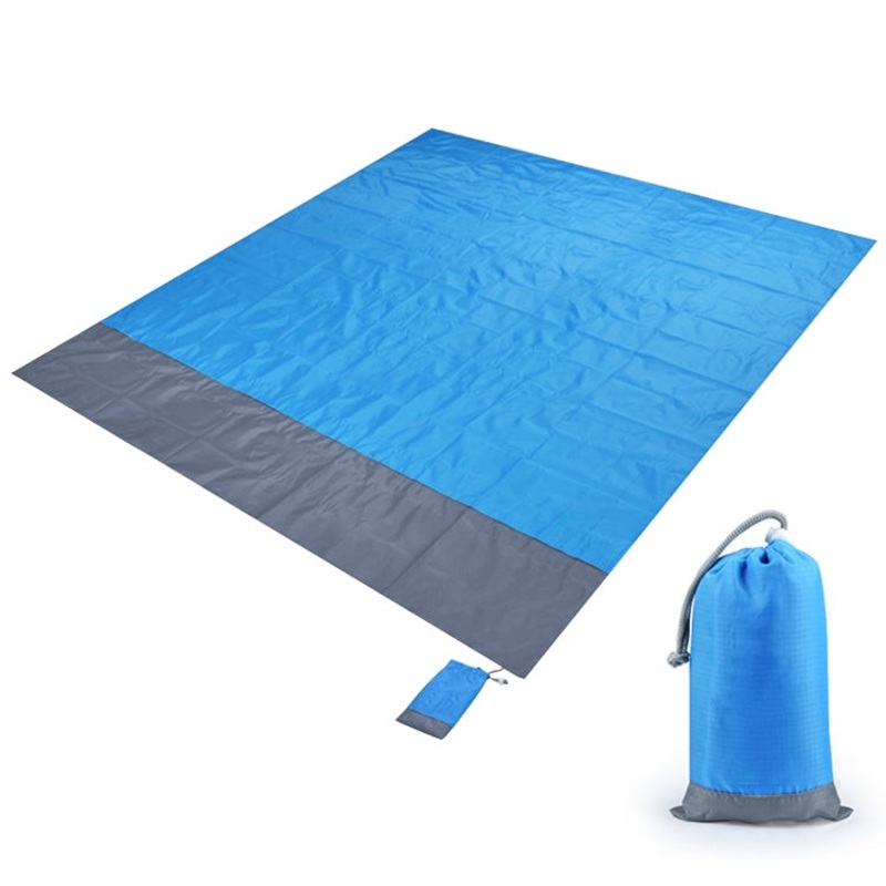 Polyester Waterproof Plaid Cloth Pocket Picnic Mat Outdoor Camping Beach Mat (Blue + Gray, Size: 2.1 x 2m)