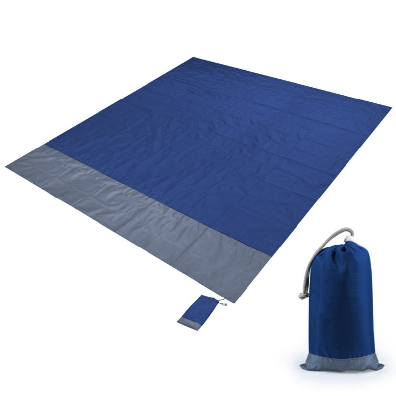 Polyester Waterproof Plaid Cloth Pocket Picnic Mat Outdoor Camping Beach Mat 2.1 x 2m Royal Blue Gray