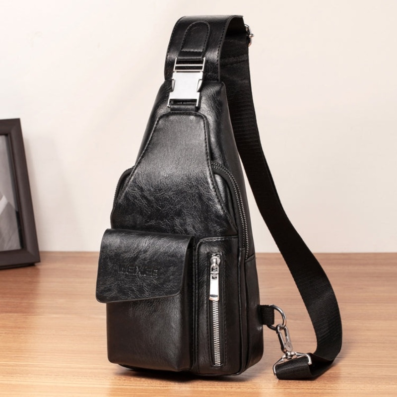 Men Leisure Style PU Leather Single Shoulder Crossbody Bag (Black)