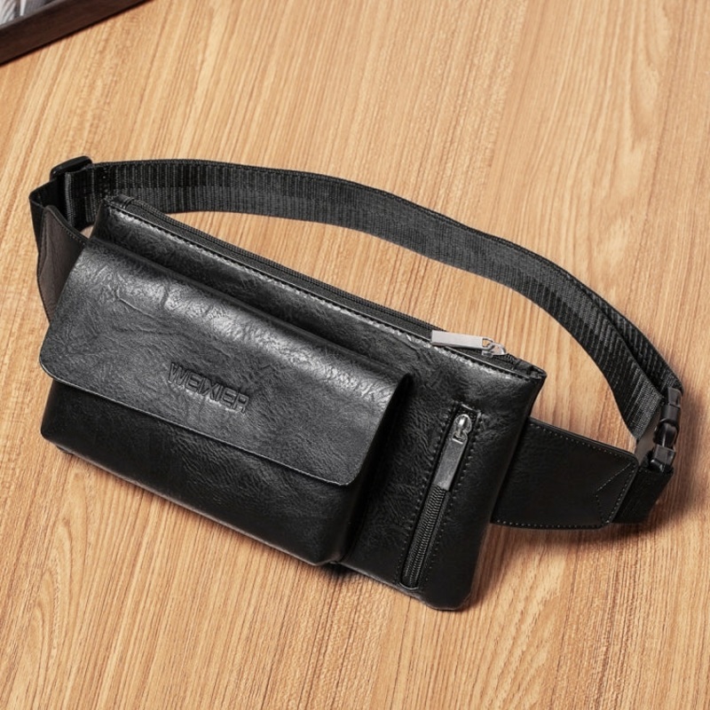 Men Leisure Style PU Leather Single Shoulder Crossbody Bag Waist Pack (Black)