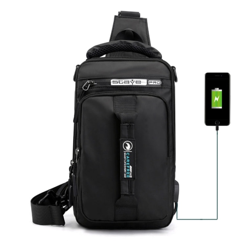 Men Chest Bag Multifunctional Single/Double Shoulder Backpack with External USB Charging Port (Black)