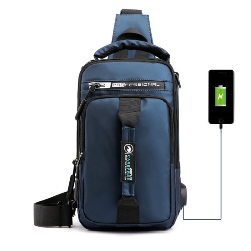 Men Chest Bag Multifunctional Single/Double Shoulder Backpack with External USB Charging Port (Navy Blue)
