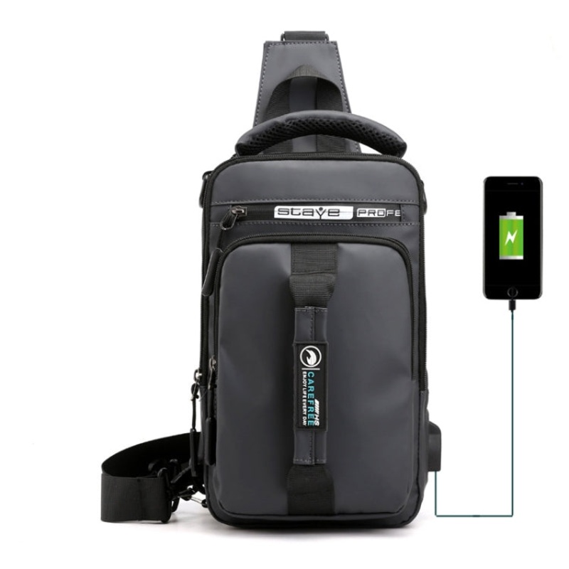 Men Multifunctional Chest Bag Backpack with USB Charging Port (Gray)