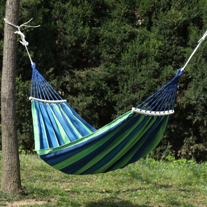 Thick Canvas Hammock Field Rollover Prevention Outdoor Hammock Swing 260x80 With Stick (Blue Stripes)