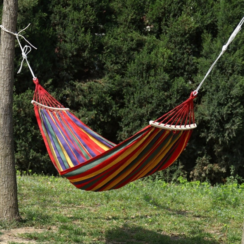 Thick Canvas Hammock Field Rollover Prevention Outdoor Swing With Stick (Red Stripe) 260x80