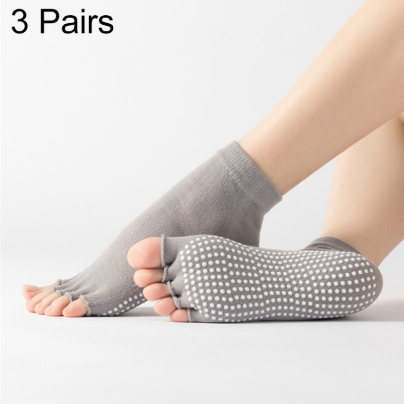 3 Pair Open Toe Non-Slip Dance Yoga Socks One Size Light Gray