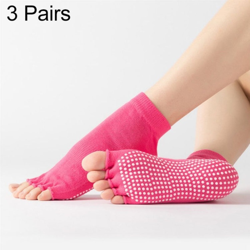 3 Pair Open-Toe Yoga Socks Non-Slip Five-Finger Dance Socks (Pure Rose Red), Size: One Size