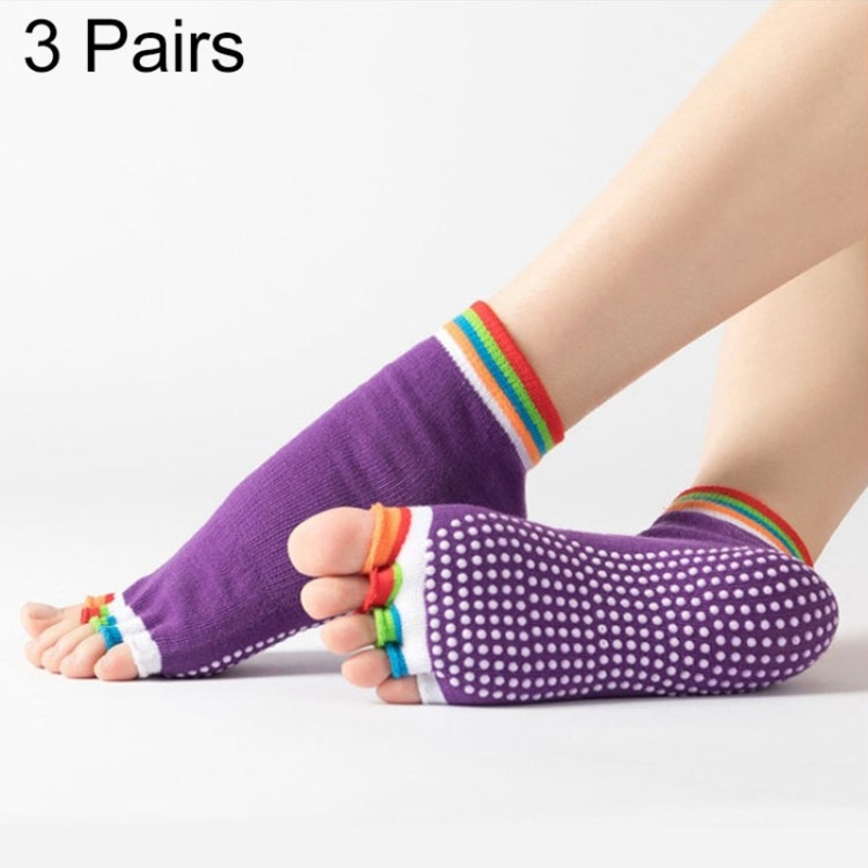 3 Pairs Non-Slip Open-Toe Yoga Socks Indoor Sports Five-Finger Dance Socks (Deep Purple) One Size