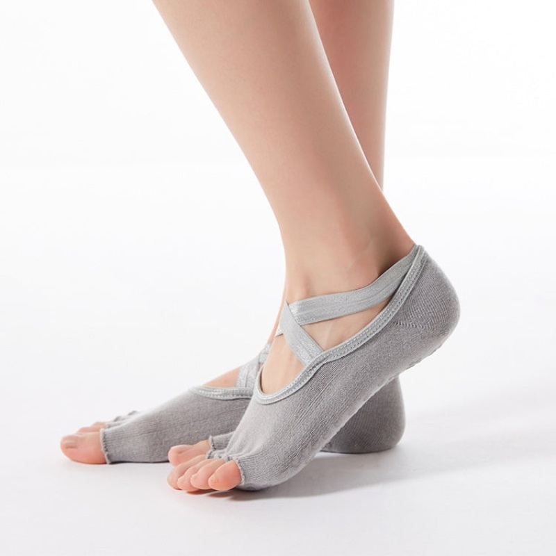 Cross-Lace Yoga Cotton Non-Slip Sports Dance Socks, Open Toe (Light Gray), One Size