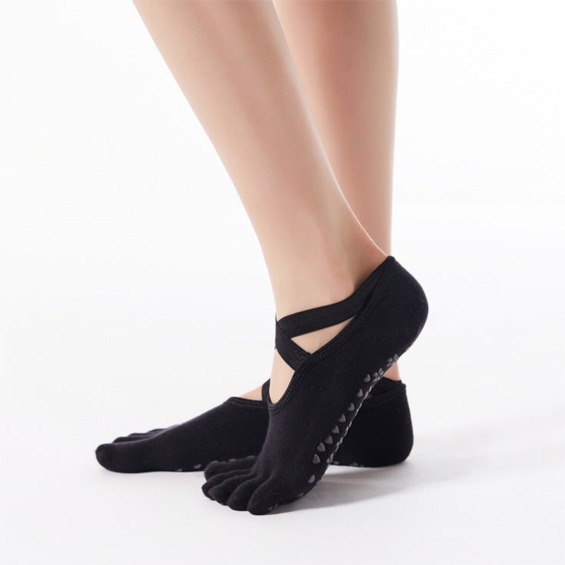 Five-Finger Cross-Lace Yoga Cotton Socks Non-Slip Sports Dance Socks (Full Toe, Black)