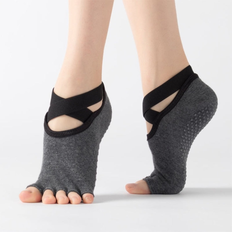 Lace Yoga Socks Non-Slip Five Finger Sports Cotton Fashion Dance Socks (Dark Gray)