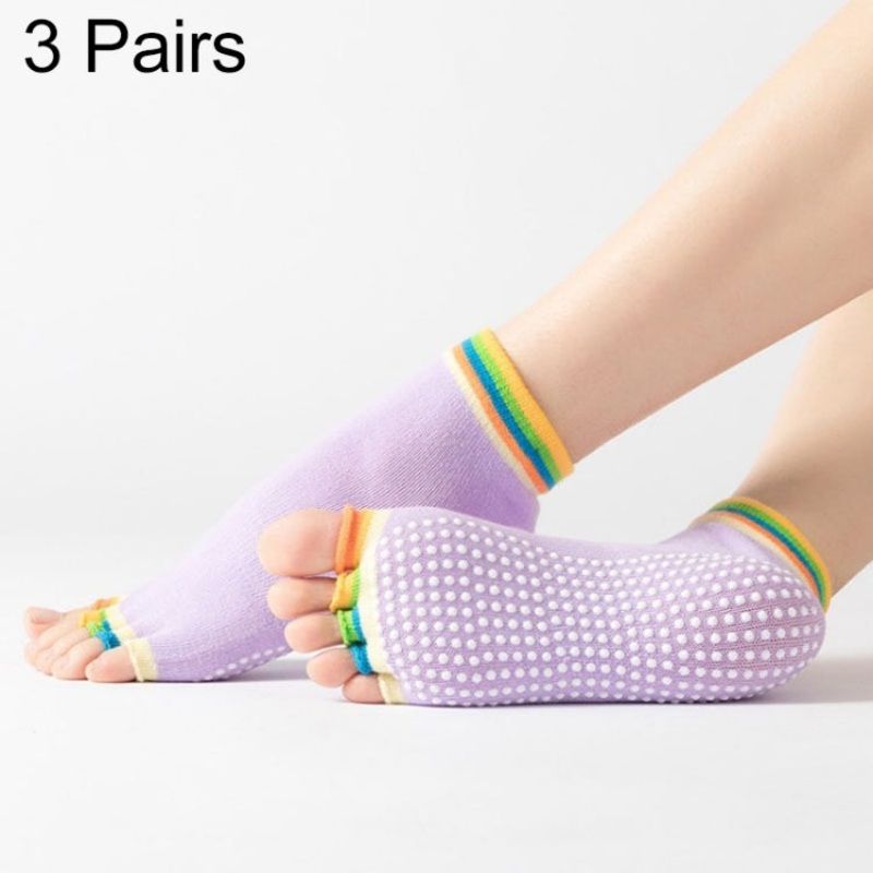 Non-Slip Open-Toe Yoga Dance Socks, 3 Pairs, One Size (Light Purple)