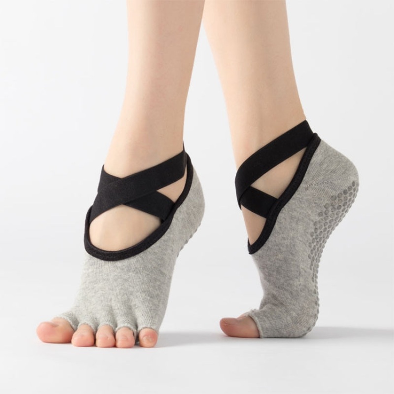 Open Toe Non-Slip Lace Five Finger Dance Yoga Sports Cotton Socks (Light Grey) One Size