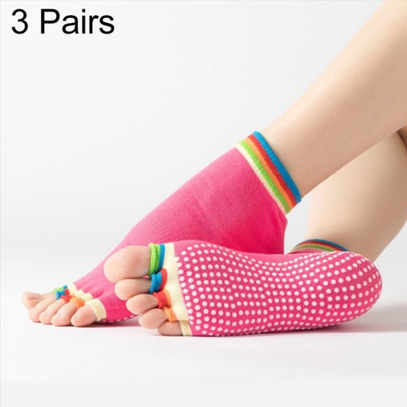 Open-Toe Yoga Socks Non-Slip Five-Finger Dance Socks for Indoor Sports (Rose Red) - One Size