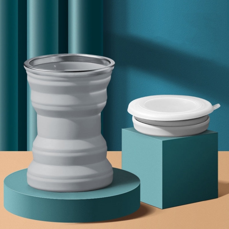 Portable Silicone Folding Water Cup With Lid (Gray)