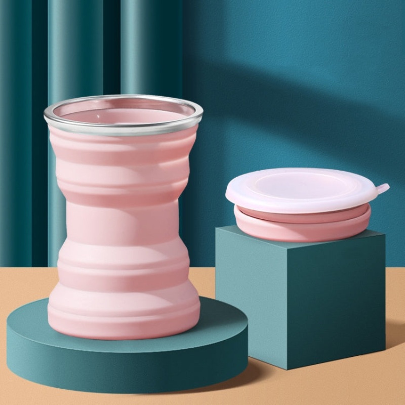 Portable Silicone Folding Water Cup With Lid (Pink) - 320ml