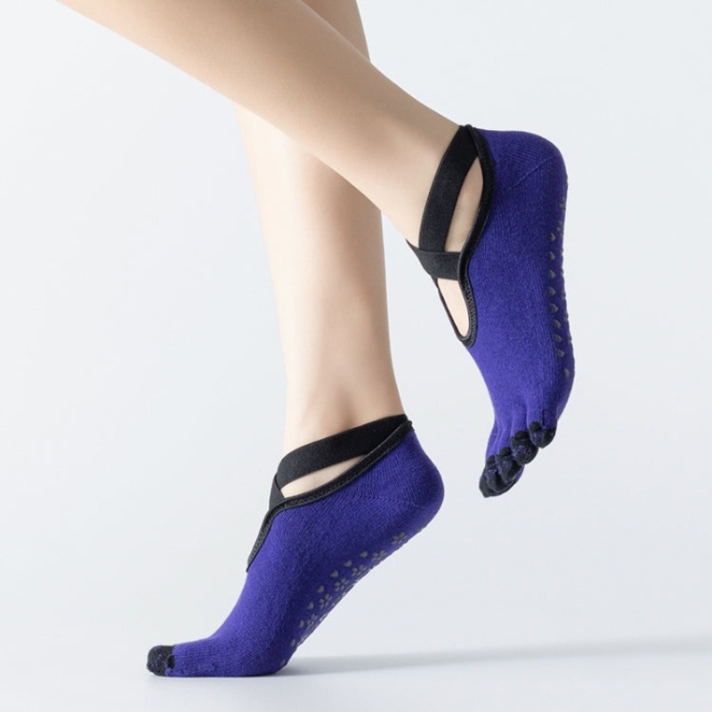 Professional Yoga Socks Non-Slip Five-Finger Split Toe Strap Ballet Dance Cotton Socks One Size (Dark Blue)