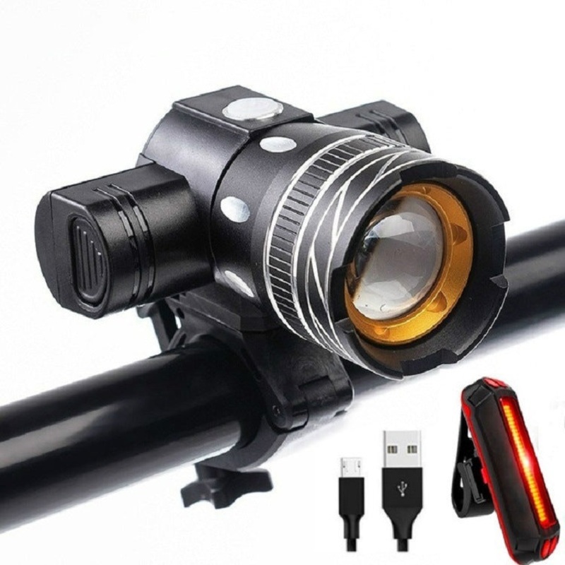 Telescopic Zoom USB Charging LED Bicycle Front Light + Taillight (Headlight) 7602