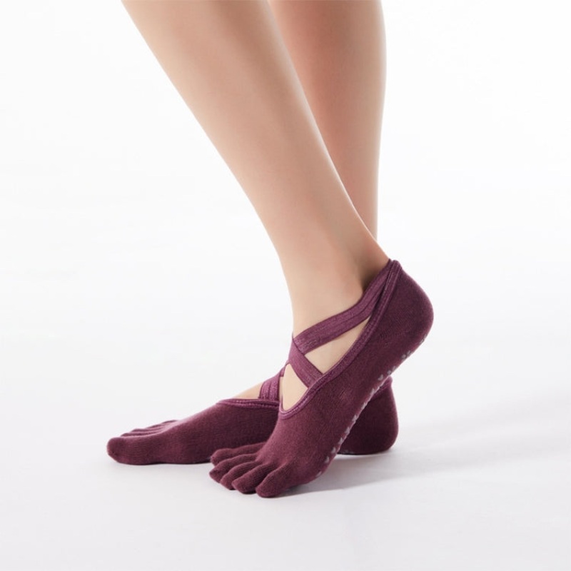 Yoga Cross-Lace Cotton Non-Slip Five-Finger Sports Dance Socks (Wine Red, One Size)