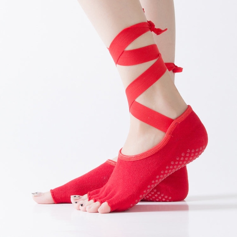 Yoga Five-Finger Open-Toe Lace-up Dance Particle Non-Slip Socks (Red) One Size