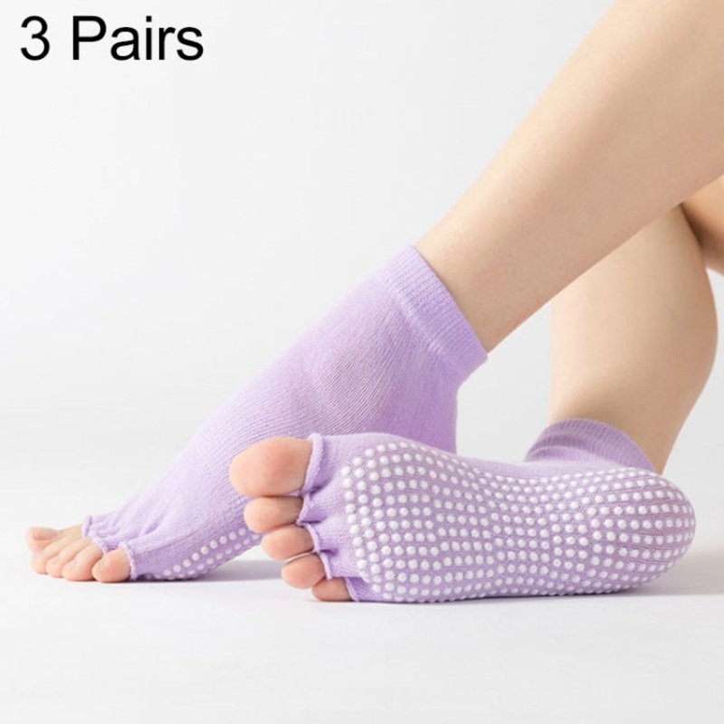3 Pair Open-Toe Yoga Socks Indoor Sports Non-Slip Five-Finger Dance Socks (One Size, Light Purple)